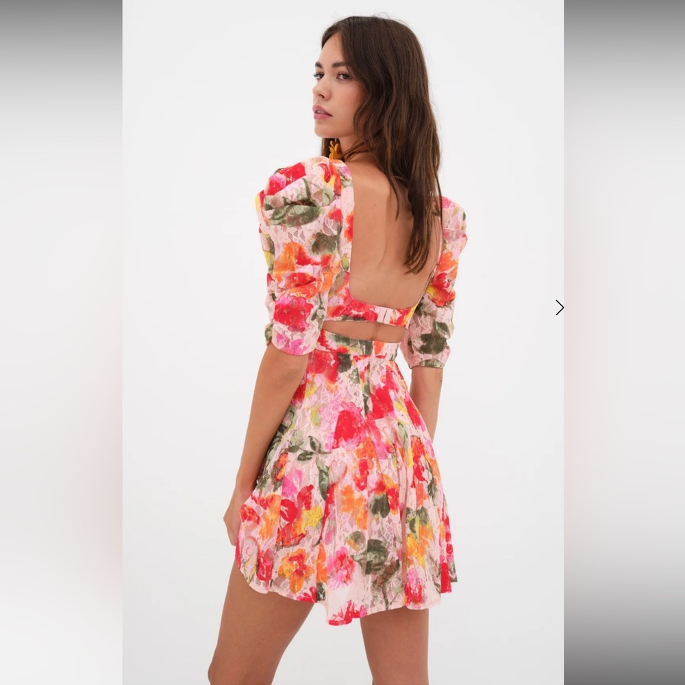 For Love & Lemons Dascha Puff Sleeve Mini Dress Light Pink Floral Lace Large NWT - Picture 3 of 16